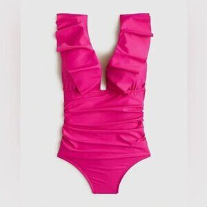 J. Crew Swimsuit Womens 8 Fuchsia Pink Ruched Ruffle V-Neck One Piece Beach Vaca